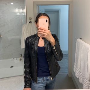 Black Leather Jacket - GUESS, Snap Collar, real leather